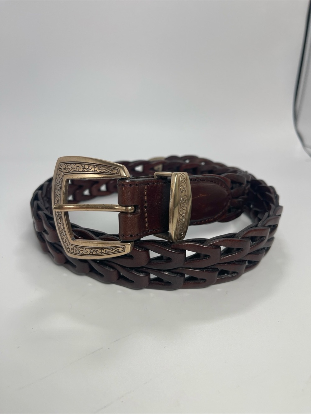 Vintage 1994 Brighton Mahogany Brown Braided Woven Leather Belt 31